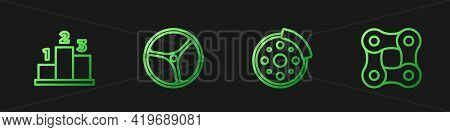 Set Line Bicycle Brake Disc, Award Over Sports Winner Podium, Wheel And Chain. Gradient Color Icons.