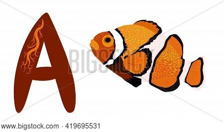 Letter A And Amphiprion, Orange Bright Sea-dweller Clownfish, Hand Drawn. Children S Bright Alphabet
