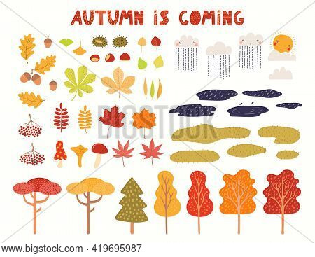 Autumn Landscape Clipart Collection, Tree, Leaves, Grass, Puddles, Isolated On White. Hand Drawn Vec