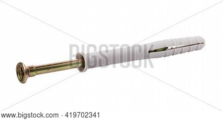 Countersunk Self-tapping Screw In A Plastic Dowel Isolated On A White Background.