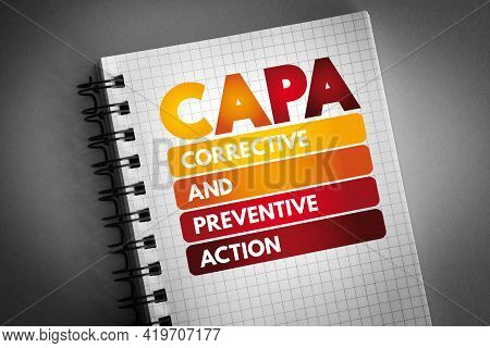Capa - Corrective And Preventive Action Acronym On Notepad, Business Concept Background