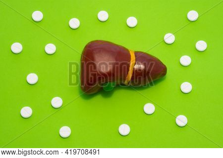 Anatomy And Treatment Of Liver, Gallbladder And Biliary Tract In Concept Photo On Green Background W
