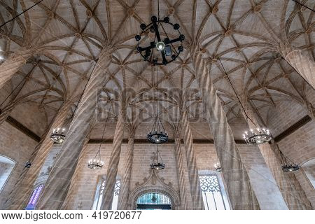 Valencia - Spain. June 25, 2019: Trading Hall With Twisted Marble Columns In Silk Exchange (llotja D
