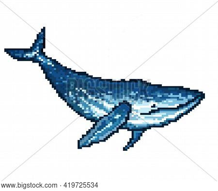 8-bit Blue Whale In Pixel Art. Vector Illustration
