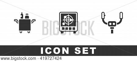 Set Trolley For Food, Radar With Targets On Monitor And Aircraft Steering Helm Icon. Vector