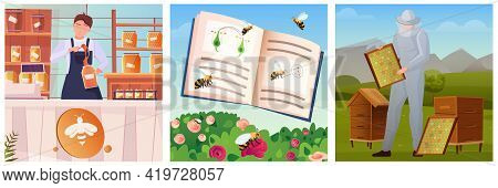 Beekeeping Three Flat Color Square Illustrations With Flying Bees Beekeeper And Seller At Counter Wi