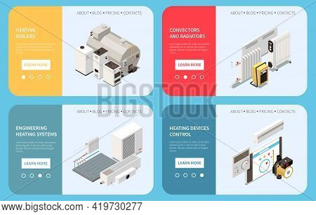 Horizontal Banners Set With Isometric Boiler Radiator Convector And Control Of Heating System Device