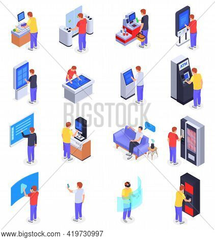 Isometric Interfaces Icons Set With People Using Self Checkout Turnstile Virtual Screen Atm Smart Sp