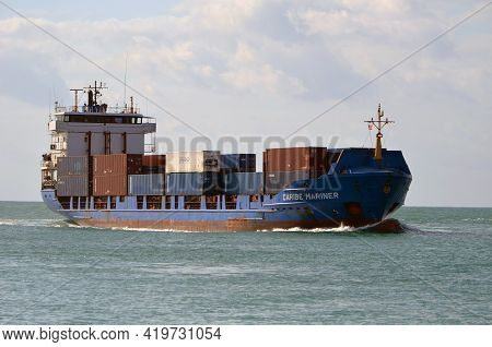 Miami,florida,u.s.a. 28 April 2021, Containership Approaching The Port Of Miami.