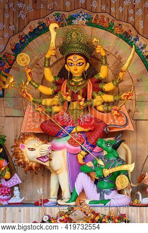 Goddess Durga Idol Decorated At Puja Pandal In Kolkata, West Bengal, India. Durga Puja Is Biggest Re