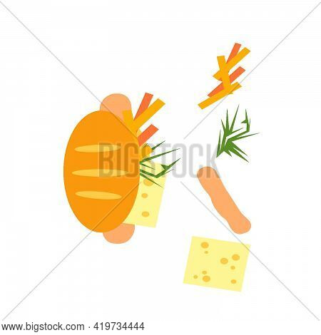 Delicious Hot Dog With Sausage, Fries, Cheese And Herbs. Isolated.