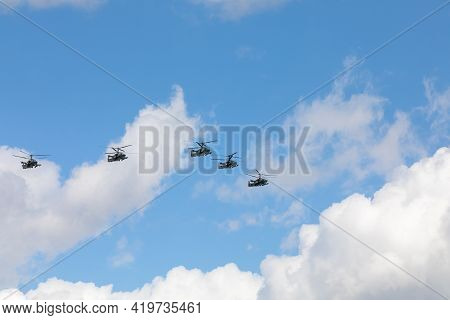May 7, 2021, Moscow, Russia. An Aerobatic Group Of Ka-52 Alligator Army Helicopters Ipreparing L For