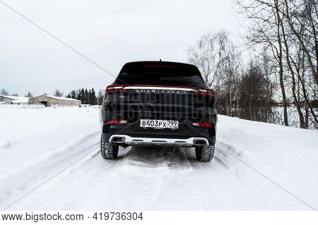Moscow, Russia - February 23, 2021 Cheryexeed Txl Suv Car Rear Side Close Up View. Black Awd Suv On 