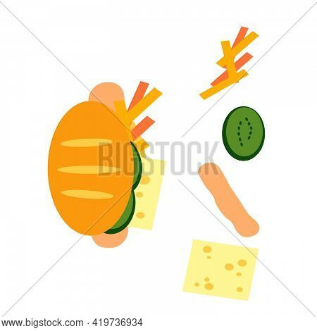 Delicious Hot Dog With Sausage, Pickles, Fries, Cheese. Hot Dog Ingredients Set. Breakfast. Isolated