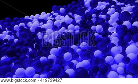 Beautiful Shiny Blue White Balls Of Different Colors And Sizes Completely Cover The Surface. Some Sp