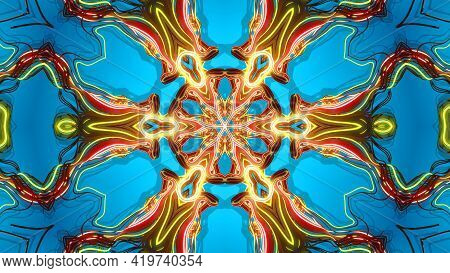 Kaleidoscope With Red Yellow Neon Flash Ligts. Abstract Bg With Flashing Lines Pattern Like Ornament
