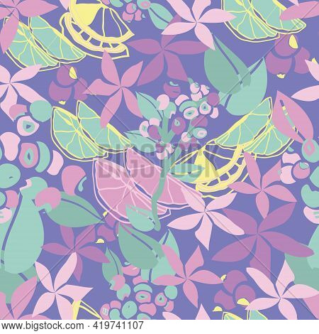 Purple Lemon, Blueberries With Flowers Seamless Pattern On Violet Background