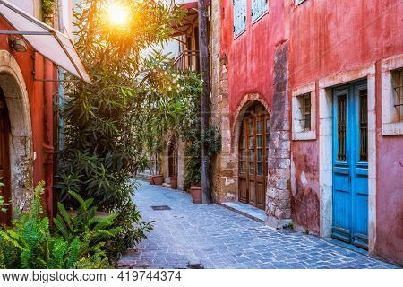 Scenic picturesque streets of Chania venetian town with coloful old houses. Chania greek village in the morning. Chanica, Crete island, Greece