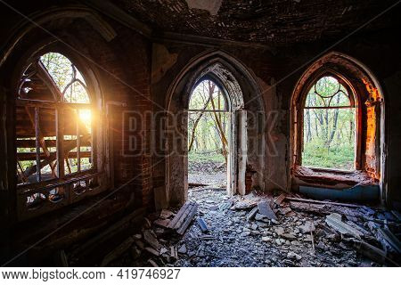 Inside Old Ruined Abandoned Historical Mansion In Gothic Style