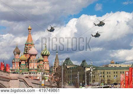 May 7, 2021, Russia, Moscow. The Mi-26 Group Is The Largest Transport Helicopter Over The Red Square