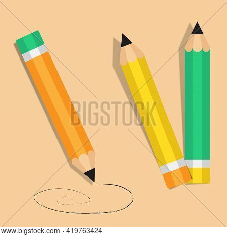 Pencils Icon On A Color Background. Сomposition Of Pencils. Vector Illustration