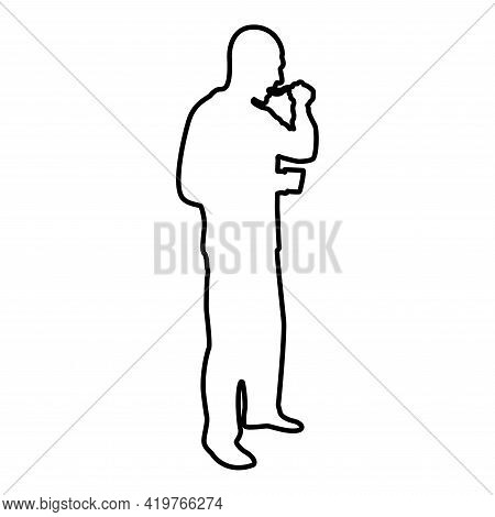 Man Trying Food From Spoon Standing Tasting Concept Gourmet Tries Dish Chef Trying Contour Outline B