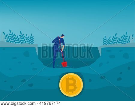 People Digging And Discovering Bitcoin Gold Coin. Trade Market Concept For Bitcoin Mining And Genera