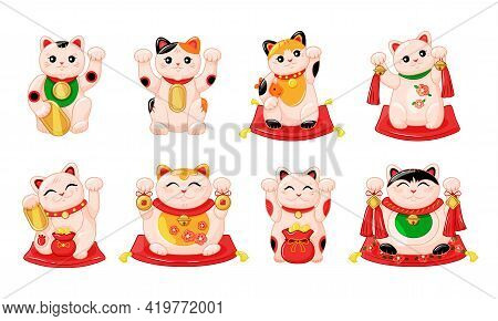Japanese Collection Of Maneki Neko Cats In The Kartun Style. Traditional White Happy Cat Doll With G