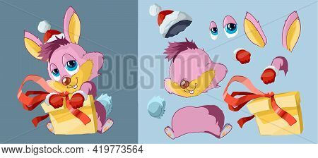 Cute Pink Rabbit In A New Year's Hat And A New Year's Gift. Set Of Body Parts. Cartoon Character. Cl