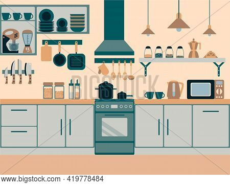 Colorful Kitchen Flat Style With Lot Of Details Interior Grey Blue Beige Pink
