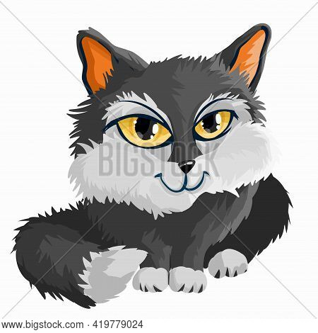 Black White Little Cute Citten. Big Yellow Eyes. Cartoon Character. Classic Handmate Vector Illustra