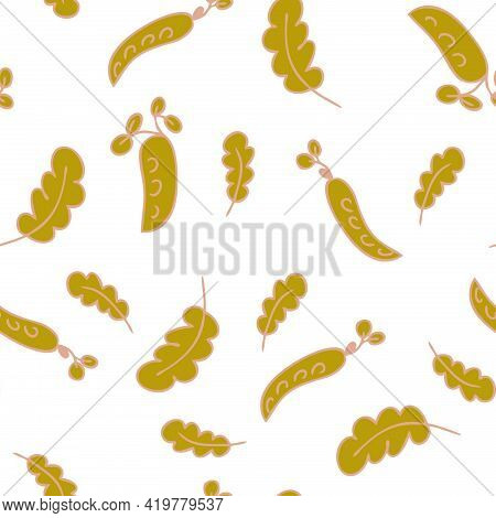 Hand-drawn Doodle Seamless Pattern Of Green Peas And Leaves Isolated On A White Background