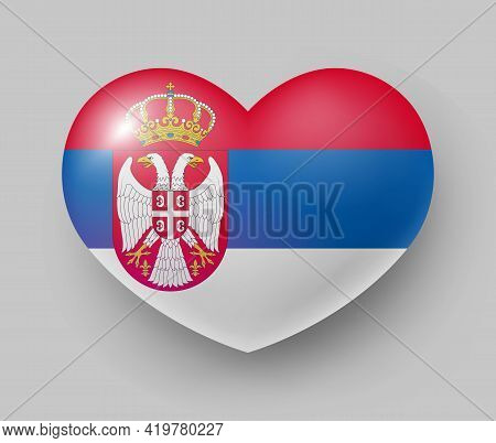 Heart Shaped Glossy National Flag Of Serbia. European Country National Flag Button, Serbian Symbol I