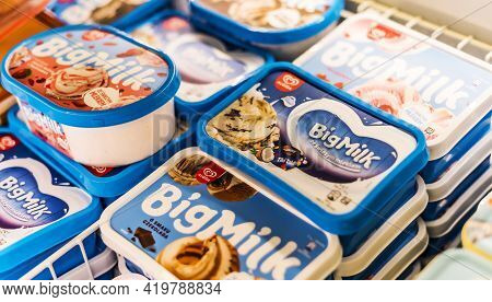 Ice Cream Products Put Up For Sale In A Commercial Refrigerator