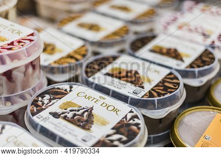 Ice Cream Products Put Up For Sale In A Commercial Refrigerator