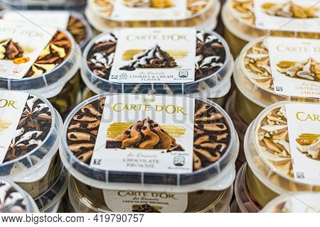 Ice Cream Products Put Up For Sale In A Commercial Refrigerator