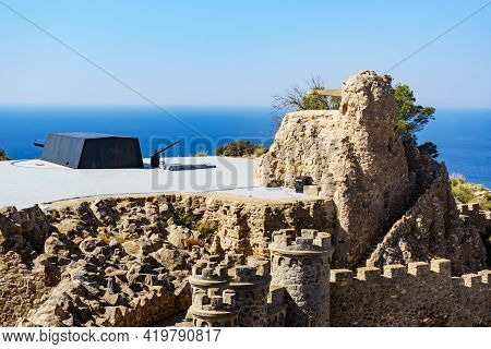 Tourist Attraction. The Gun Battery Of Castillitos In Spain Cartagena, Stone Castle Fortifications.