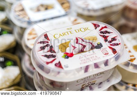 Ice Cream Products Put Up For Sale In A Commercial Refrigerator