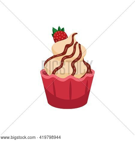 Cream Cupcake With Straberry On Top Flat Icon Vector Illustration
