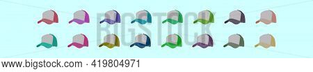Set Of Trucker Hat Cartoon Icon Design Template With Various Models. Modern Vector Illustration Isol