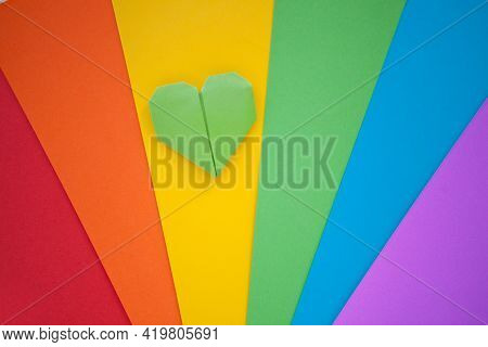 Origami Hamdmade Heart And Paper With Lgbt Colors For Background. Pride Community. Rainbow Colors. L