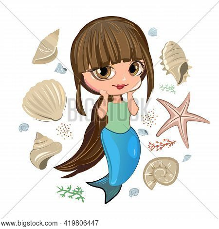 Little Mermaid Girl. Flirts. Handsome Fashionable Child. The Isolated Object On A White Background. 