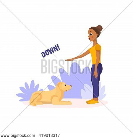 Dark Skinned African-american Girl Training Labrador Retriever In The Park. Showing Hand Jesture Dow