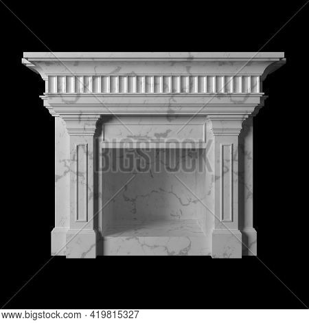 Fireplace On A Black Background Front View, 3d Illustration