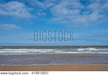 Yellow Sandy Beach In Small Belgian Town Knokke-heist, Luxury Vacation Destination, Summer Holidays
