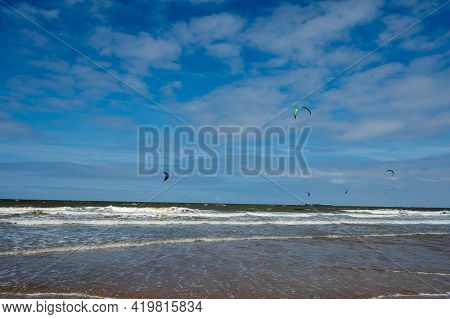 Yellow Sandy Beach In Small Belgian Town Knokke-heist, Luxury Vacation Destination, Summer Holidays