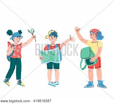 Kids Going To Travel And Explore Nature. Little Tourists And Explorers, Scouts Or Campers Children C