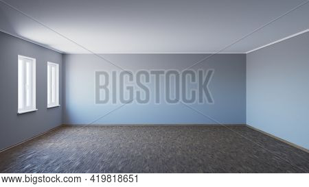 Beautiful Empty Interior With Parquet Floor, 3d Render, 5000x2813