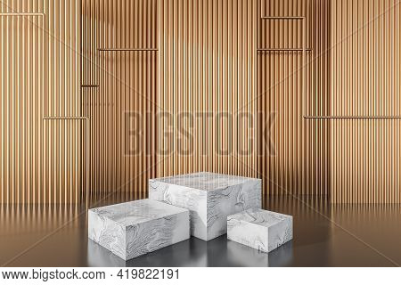 Light Marble Platform Stands, Golden Background With Geometric Lines. Mockup Stand For Product Displ