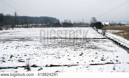 Winter Panorama Of The Jadar River Valley In Western Serbia Near The Town Of Loznica.
